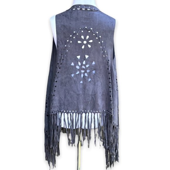 Jackets & Blazers - Festival Vegan Suede Boho Fringe Vest NWOT Blue Gray ONE SIZE